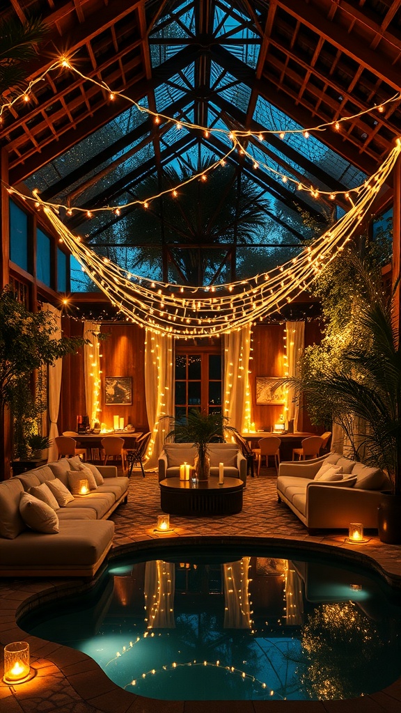 Cozy sunken lounge with string lights, cushions, and a pool