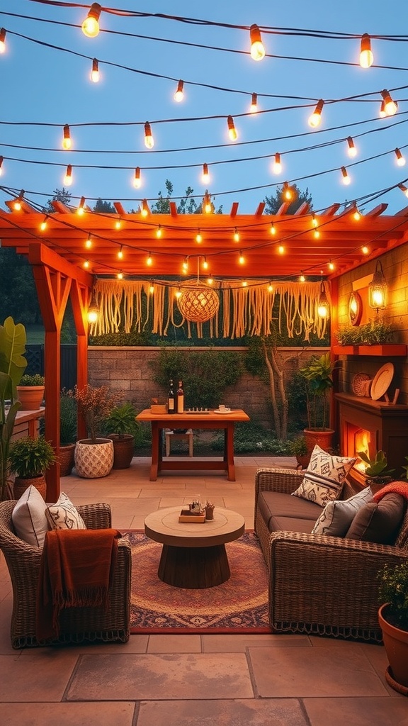 A cozy outdoor space with string lights hanging above, creating a warm atmosphere.