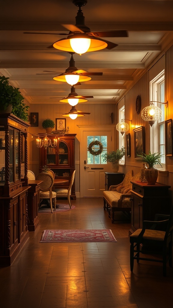 A hallway with vintage lighting fixtures and wooden furniture, creating a cozy atmosphere.