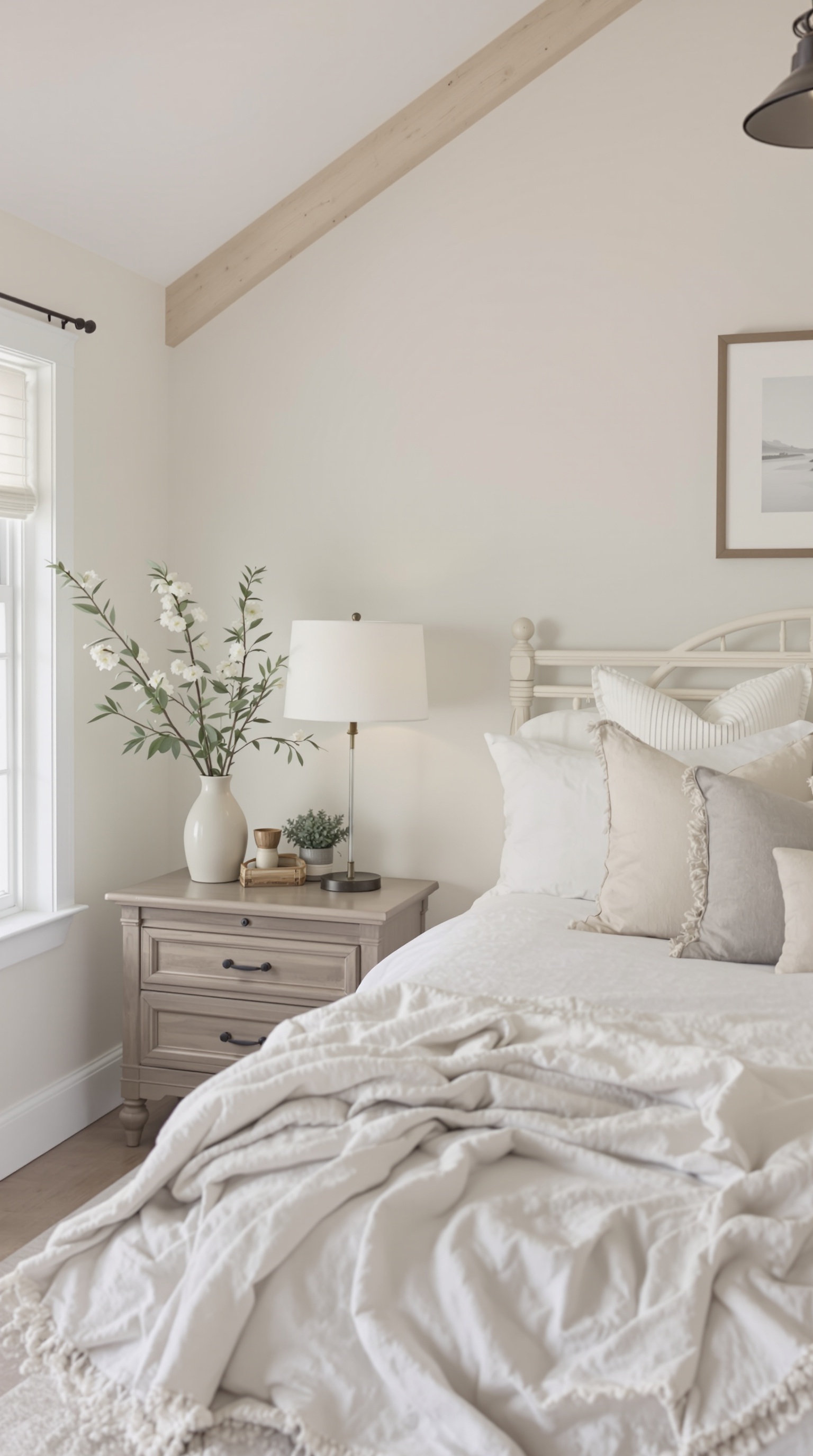 Modern farmhouse bedroom with a soft neutral color palette, featuring a bed with white and beige bedding, large windows with white curtains, and natural light streaming in.