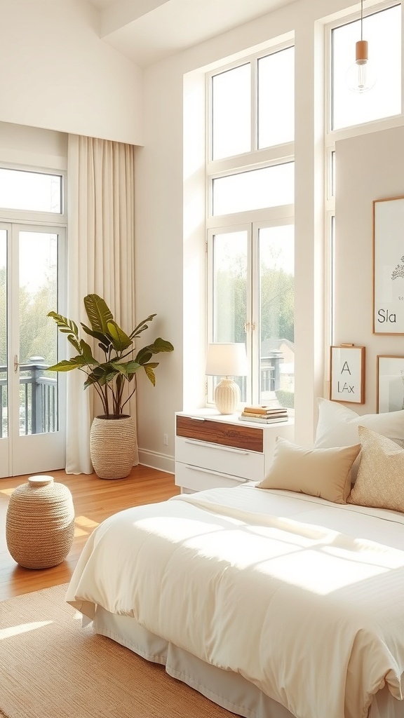 A serene bedroom featuring large windows, soft neutral colors, and natural decor elements.