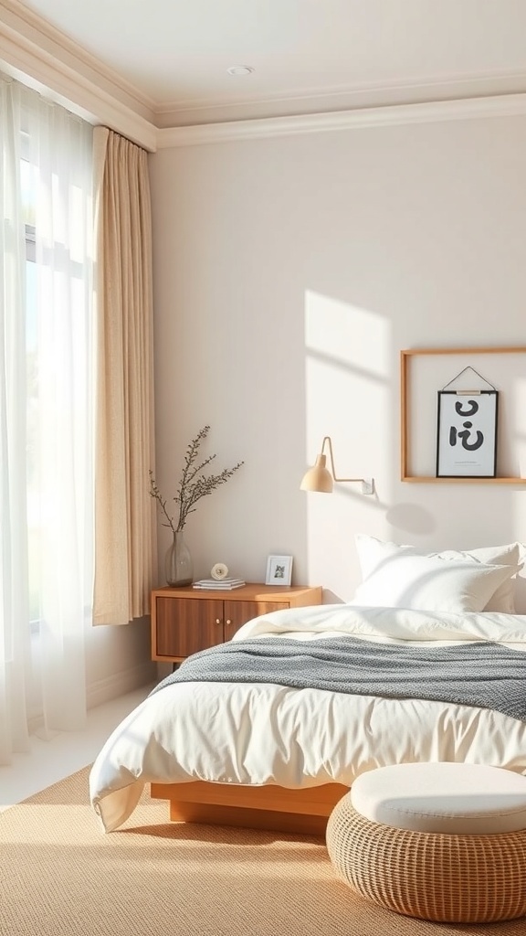 A serene Japandi-inspired bedroom featuring soft neutral colors, cozy bedding, and natural light.