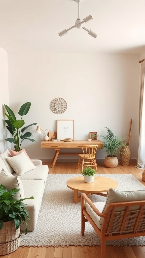A cozy living room featuring soft neutral colors, wooden furniture, and indoor plants.