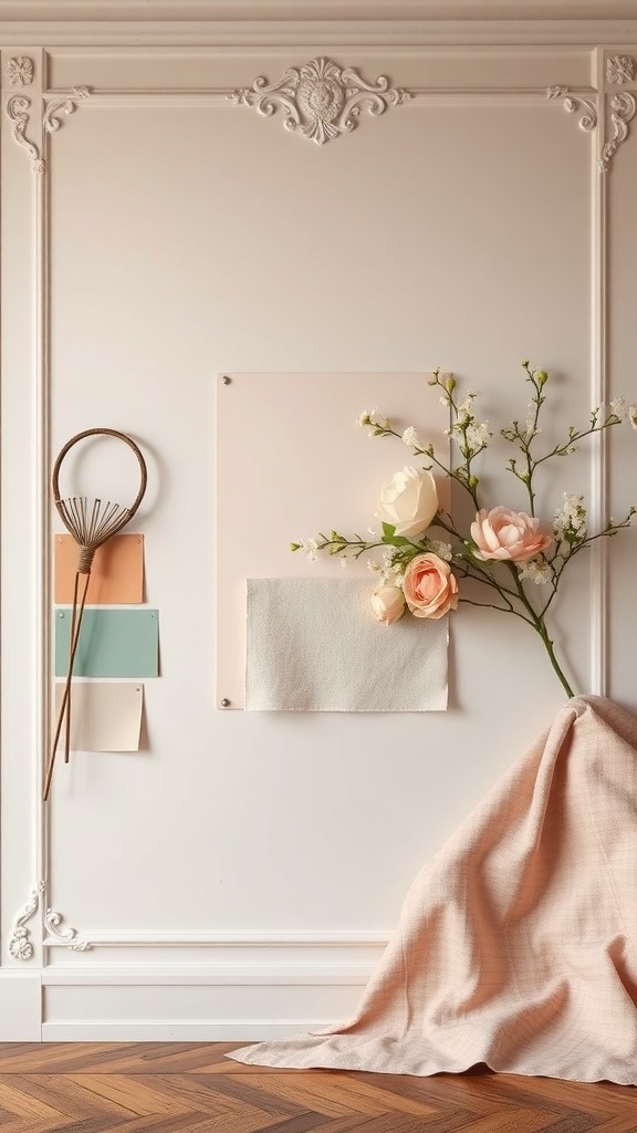 A wall featuring soft pastel color swatches, floral decor, and elegant molding.