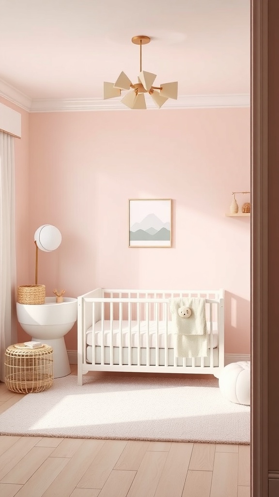 A cozy baby nursery featuring soft pastel pink walls, a white crib, and natural decor elements.