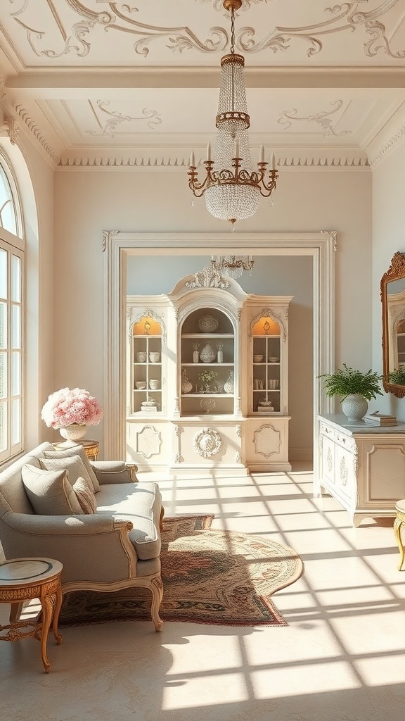 A beautifully decorated room featuring soft pastel colors, elegant furniture, and a chandelier, creating a serene atmosphere.
