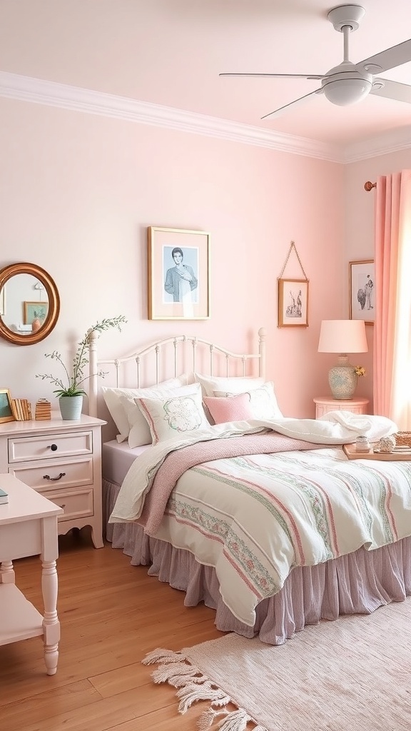 A cozy bedroom featuring soft pastel colors with pink and mint green accents, light wood flooring, and simple furniture.