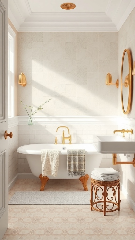A serene bathroom featuring soft pastel tiles, a classic bathtub, and elegant fixtures.