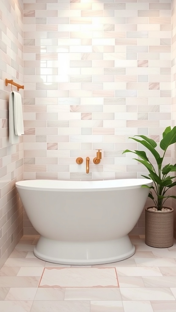 A bathroom featuring soft pastel tiles on the walls, a white bathtub, gold fixtures, and a potted plant.