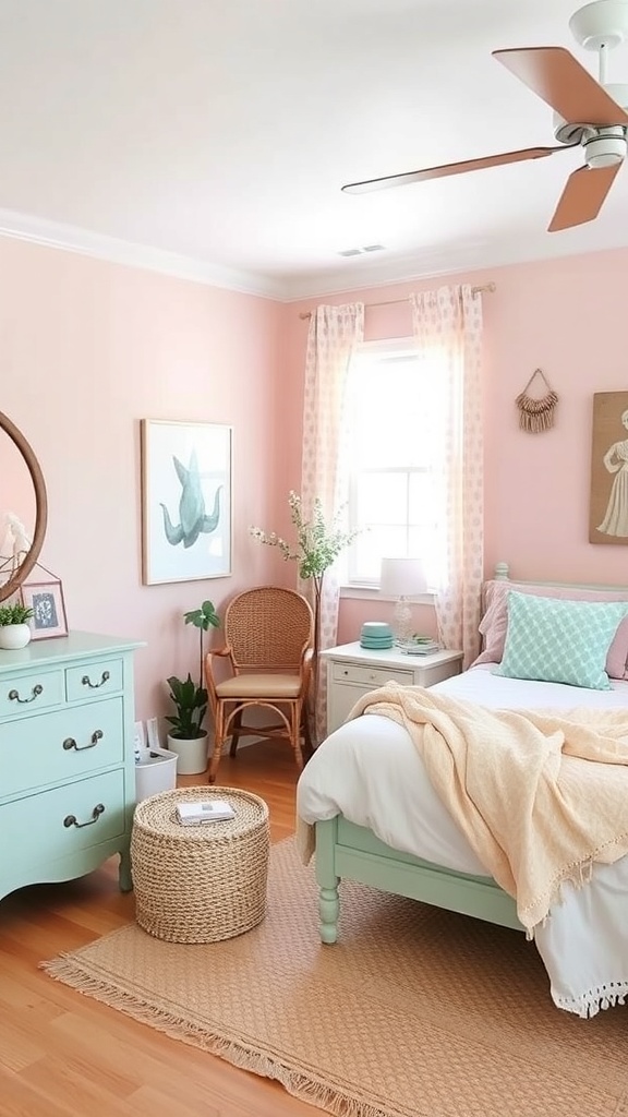 A serene bedroom with soft pastel colors, featuring pink walls and mint green furniture.