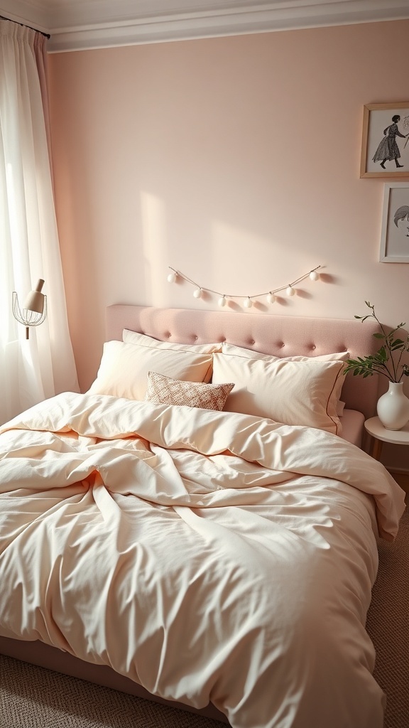 A cozy bed with soft pastel bedding in shades of peach and cream, set against a light pink wall.