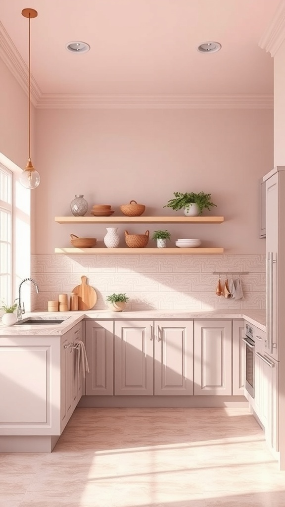 Modern pink kitchen interior with gray accents and natural decor