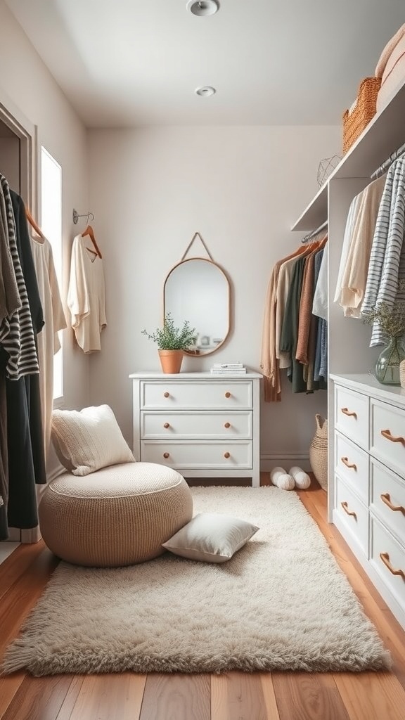 A cozy walk-in closet featuring soft textiles, a fluffy rug, and a comfortable pouf.
