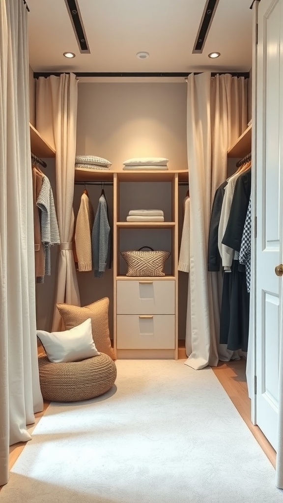 A cozy walk-in closet featuring soft textiles, warm lighting, and minimalist design.