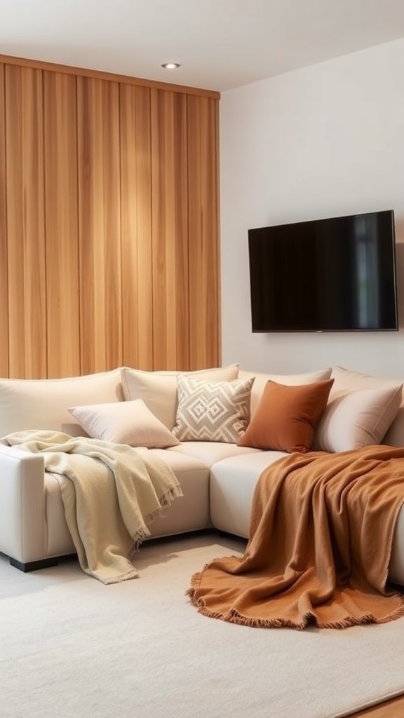 Cozy corner with a plush couch, decorative pillows, and warm throws, perfect for a home theater.