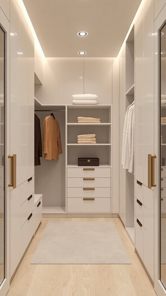 A minimalist walk-in closet featuring soft textures and organized shelving.