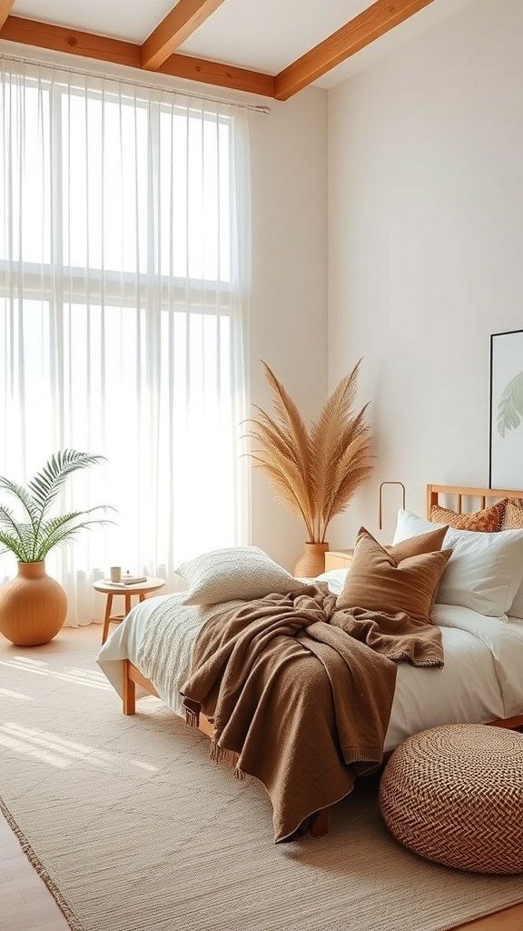 A serene Japandi bedroom featuring soft textures and layers, with a cozy bed, natural wood elements, and potted plants.