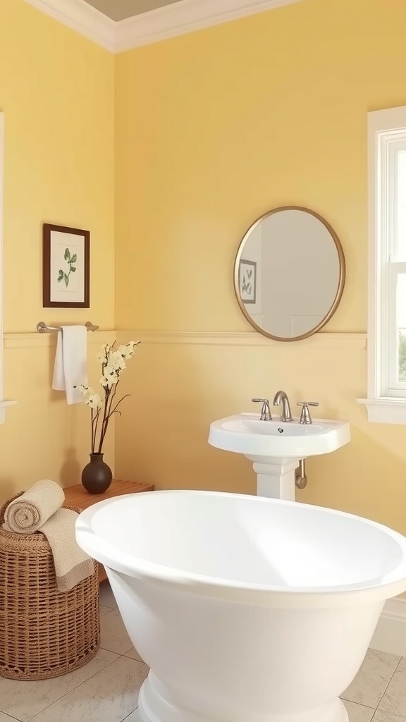 A bathroom with soft yellow walls, a vintage bathtub, and black and white tile flooring.