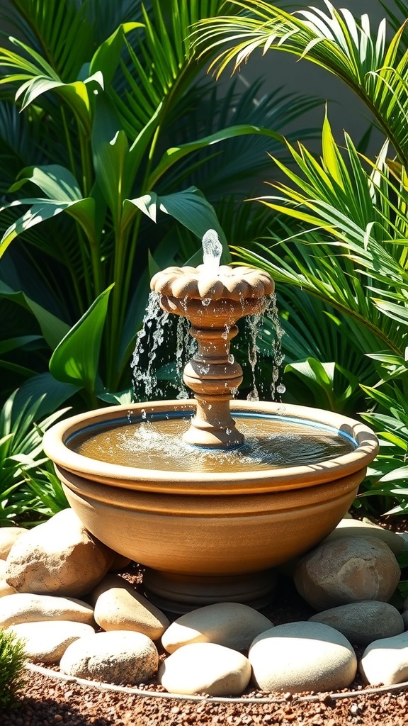 A solar-powered garden fountain surrounded by greenery and stones.