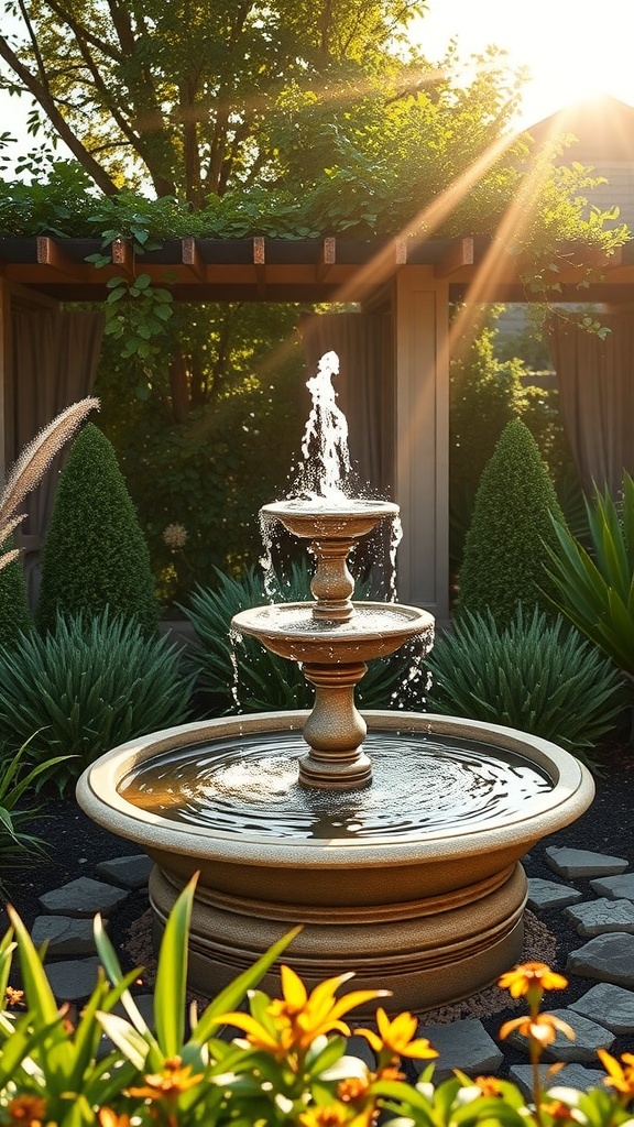 A solar-powered garden fountain surrounded by greenery and flowers, with sunlight reflecting off the water.