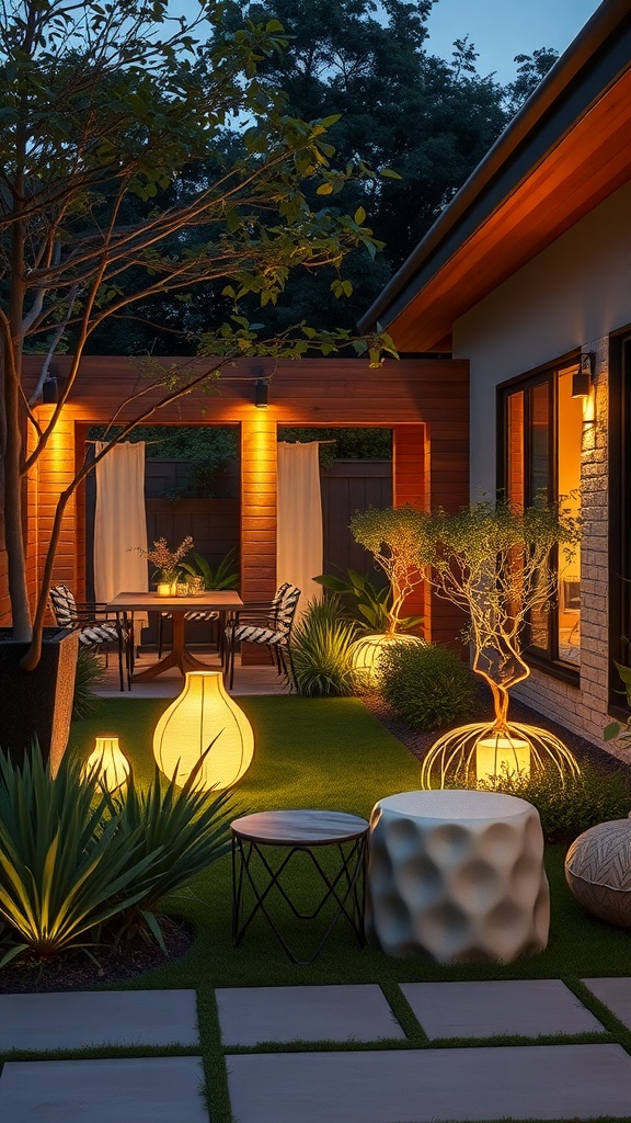 A beautifully lit garden featuring solar-powered lanterns and a cozy seating area.