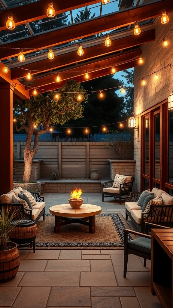 A cozy outdoor patio with solar-powered string lights and a fire pit