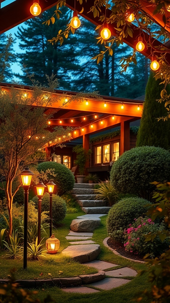 A beautifully lit garden with solar-powered lights and a cozy pathway.
