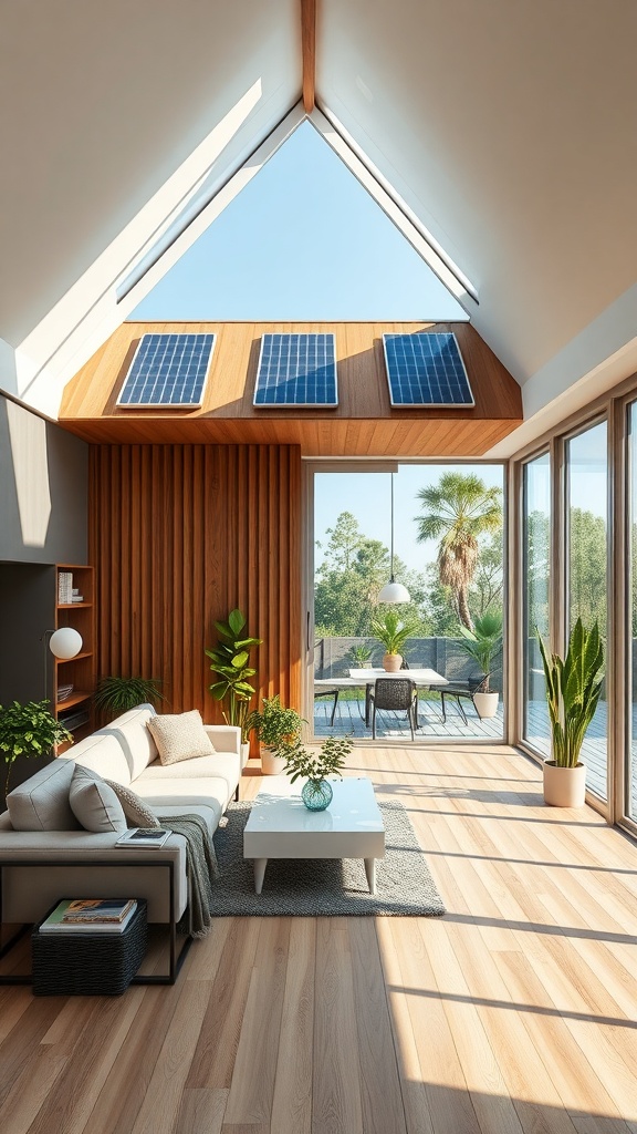 A bright and airy living room featuring solar panels on the ceiling, wooden accents, and lush greenery.