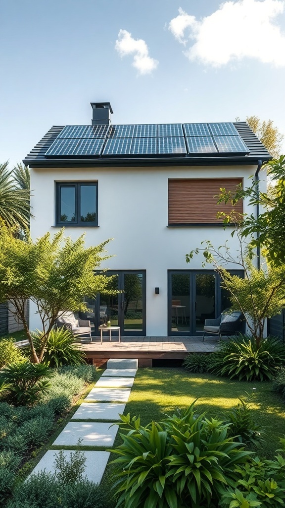 Modernes Haus mit Solarpanelen auf dem Dach und einem gepflegten Garten