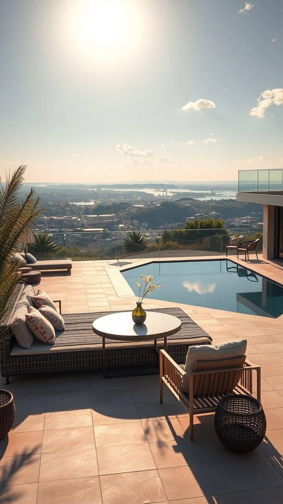Sommerliches Badezimmer mit Pool und Sonnenliege