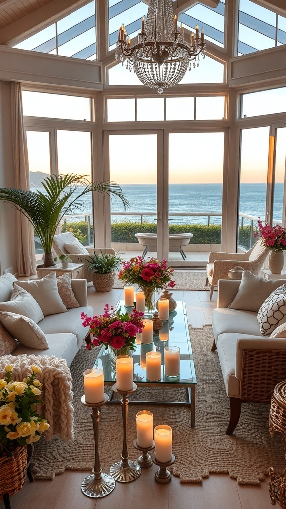 Helles Wohnzimmer mit Meerblick, Blumen und Kerzen