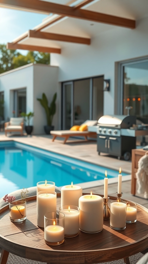 Eine Auswahl an weißen Duftkerzen auf einem Holztisch neben einem Pool.