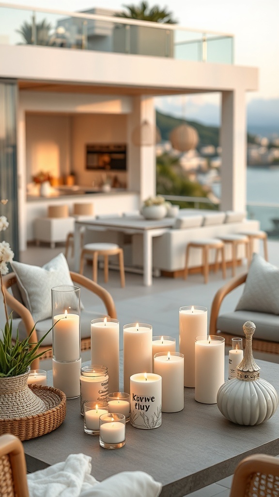 Eine stilvolle Terrasse mit verschiedenen weißen Duftkerzen auf einem Tisch, umgeben von Pflanzen und einem gemütlichen Ambiente.