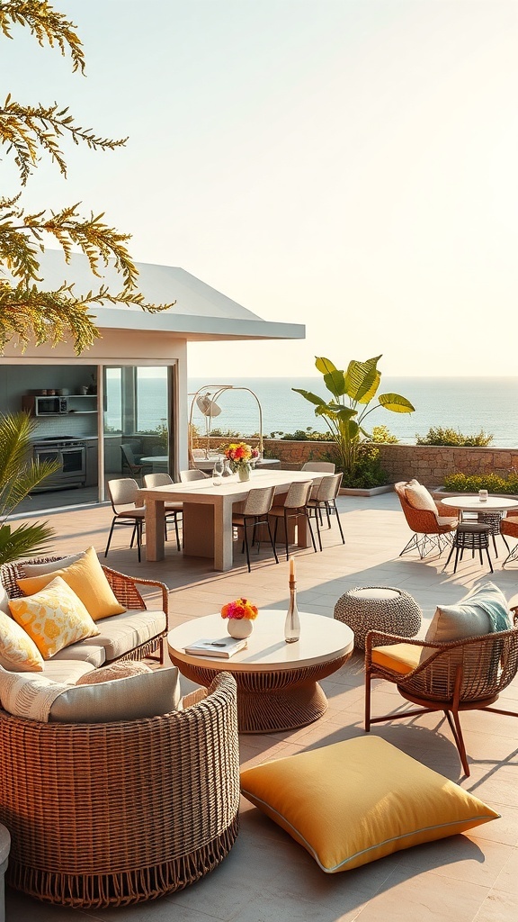 Eine stilvolle Outdoor-Lounge mit bequemen Sesseln und bunten Kissen in Gelb- und Grautönen.