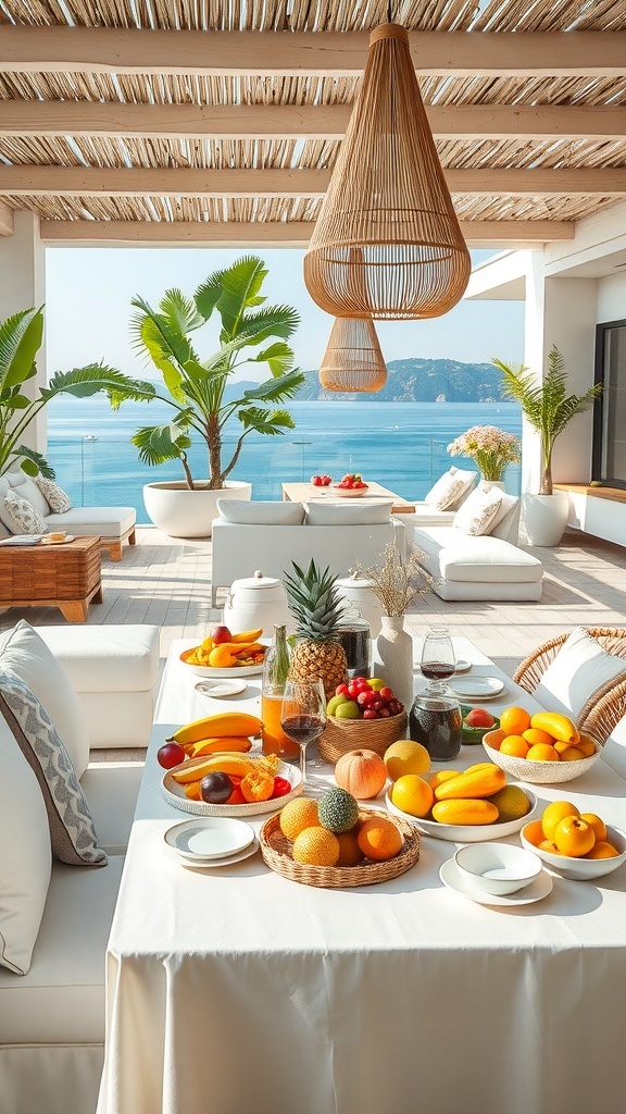 Sommerliche Tischdeko mit frischen Früchten und Blick auf das Meer
