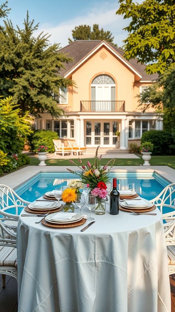 Ein schön gedeckter Tisch im Garten mit einem Pool im Hintergrund.