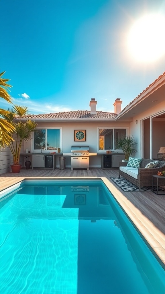 Ein einladender Außenbereich mit einem klaren Pool, Pflanzen und moderner Terrasse