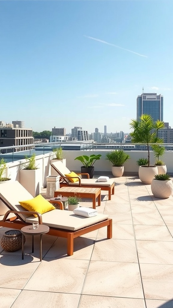Sonnenliegen auf einer modernen Dachterrasse mit Blick auf die Stadt