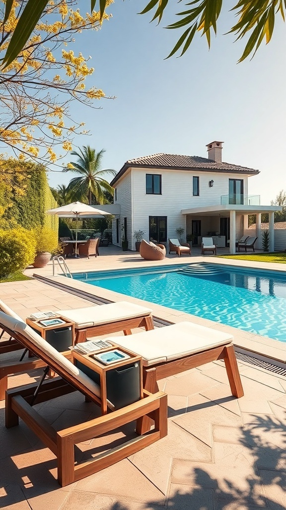 Zwei Sonnenliegen mit integriertem Kühler am Pool, umgeben von einer schönen Gartenlandschaft.