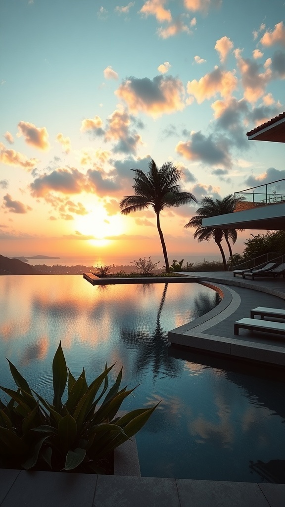 Sonnenuntergang über einem Naturpool mit Palmen und modernen Liegen