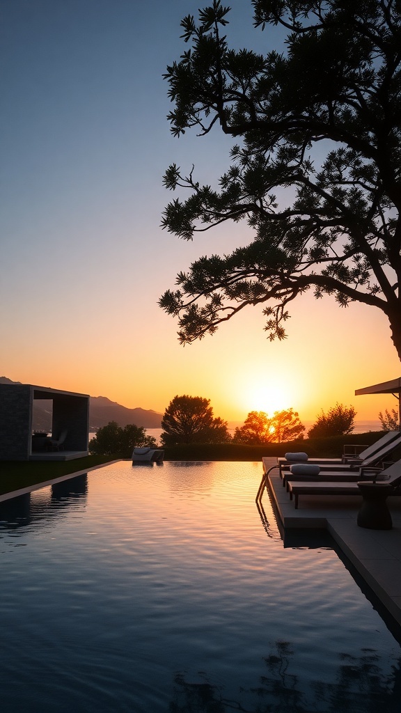 Sonnenuntergang über einem Naturpool mit Bäumen im Vordergrund