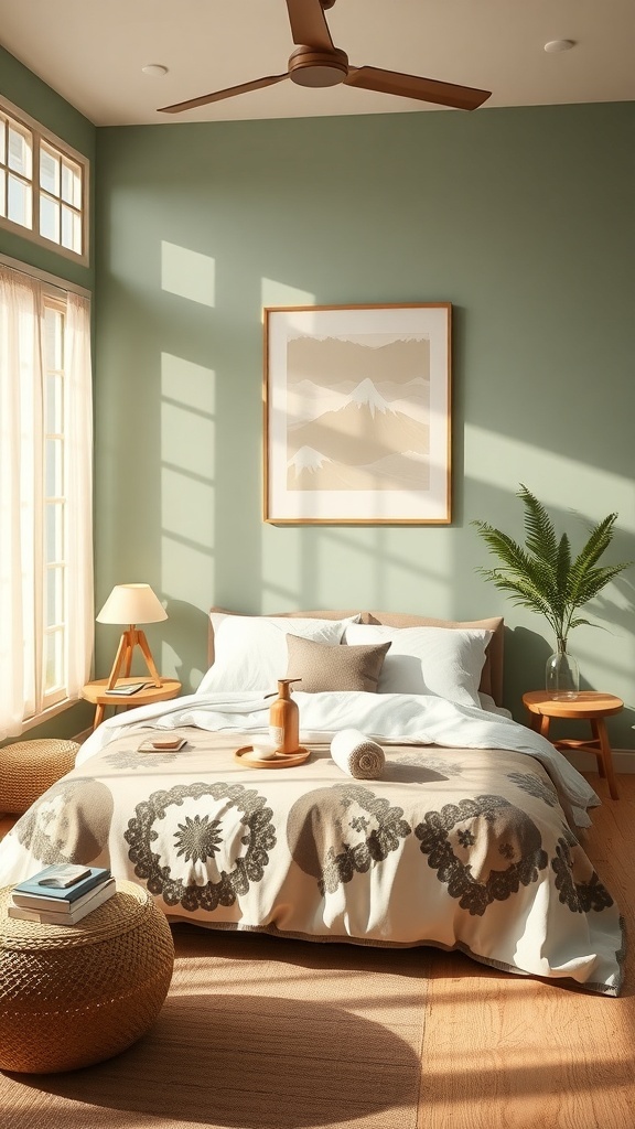 A serene Japandi bedroom featuring soft green walls, natural light, and calming decor.
