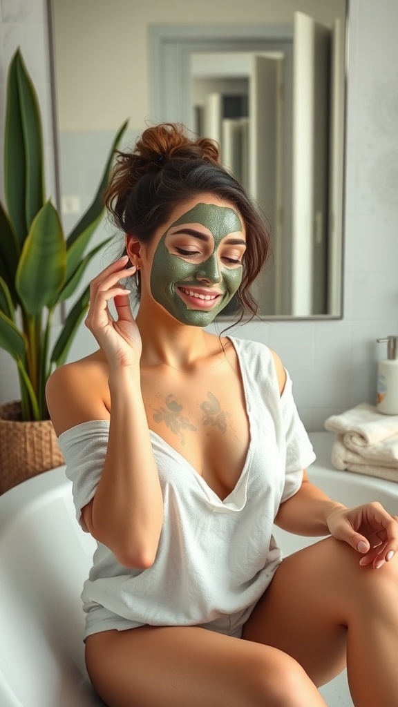 A person relaxing in a bathtub with a blue face mask, surrounded by plants and spa essentials.