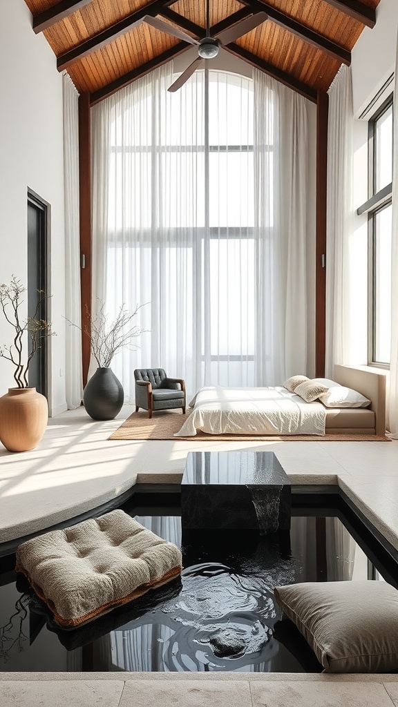 A serene Japandi bedroom featuring a water feature with a black stone centerpiece and soft seating.