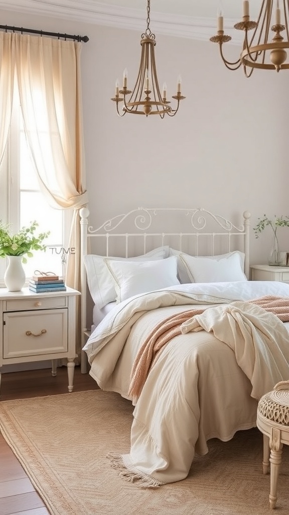 A sophisticated bedroom featuring soft neutral colors, vintage charm, and elegant decor.