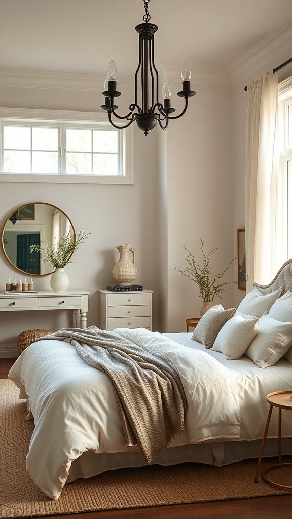 A sophisticated bedroom featuring a plush bed, elegant chandelier, and stylish decor.