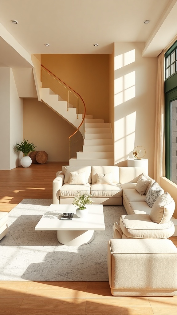 Ein modernes Wohnzimmer mit neutralen Farben, einem beigen Sofa, einem weißen Couchtisch und einer Treppe im Hintergrund.