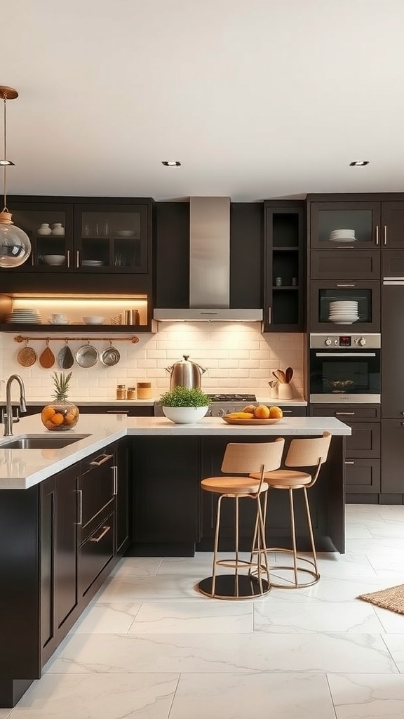 A modern kitchen with warm wood cabinetry, a dark island, and natural light from large windows.