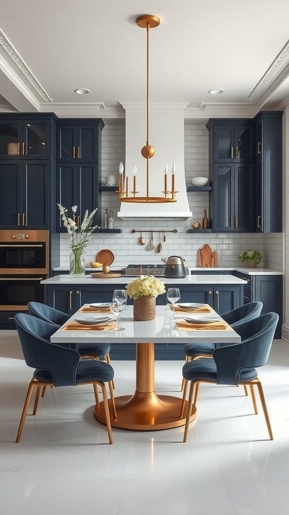 A chic kitchen featuring navy cabinets, a white countertop, and copper accents.