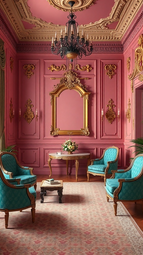 A Rococo-inspired interior featuring pink walls, gold accents, and turquoise upholstered furniture.